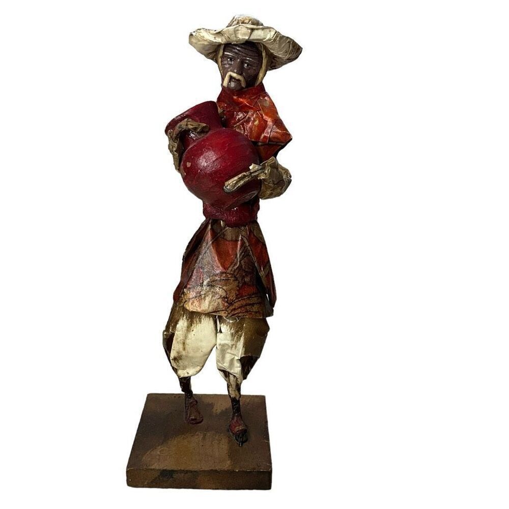 Vintage Folk Art Paper Mache Male Man Carrying Jug Figurine Red Mexico 12" Tall